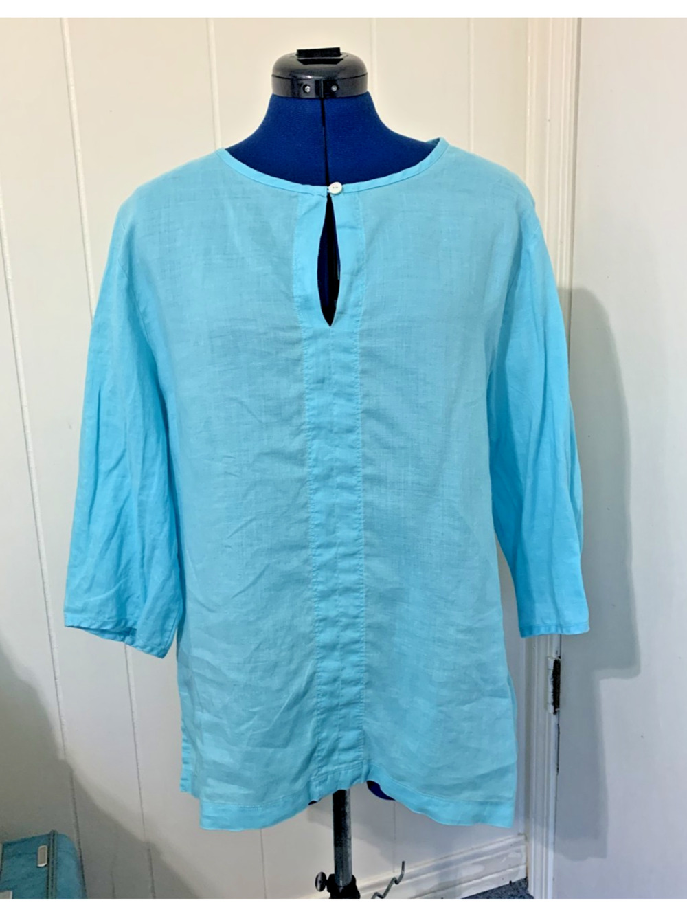 Wild Palms Linen Aqua Blue Tunic Top XXL 3/4 Sleeve Lightweight Beachy Resort